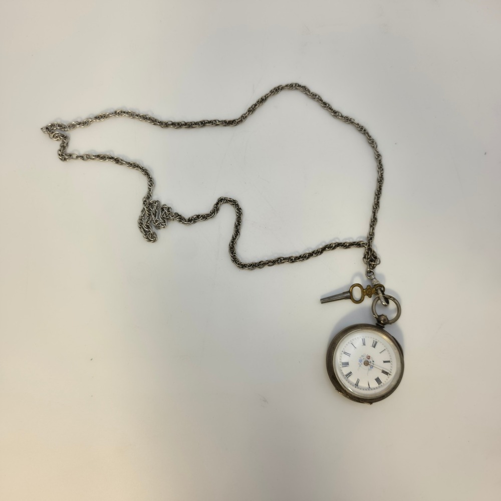 Pocket Watch OS Silver Good Antique Floral Key Wind Chain